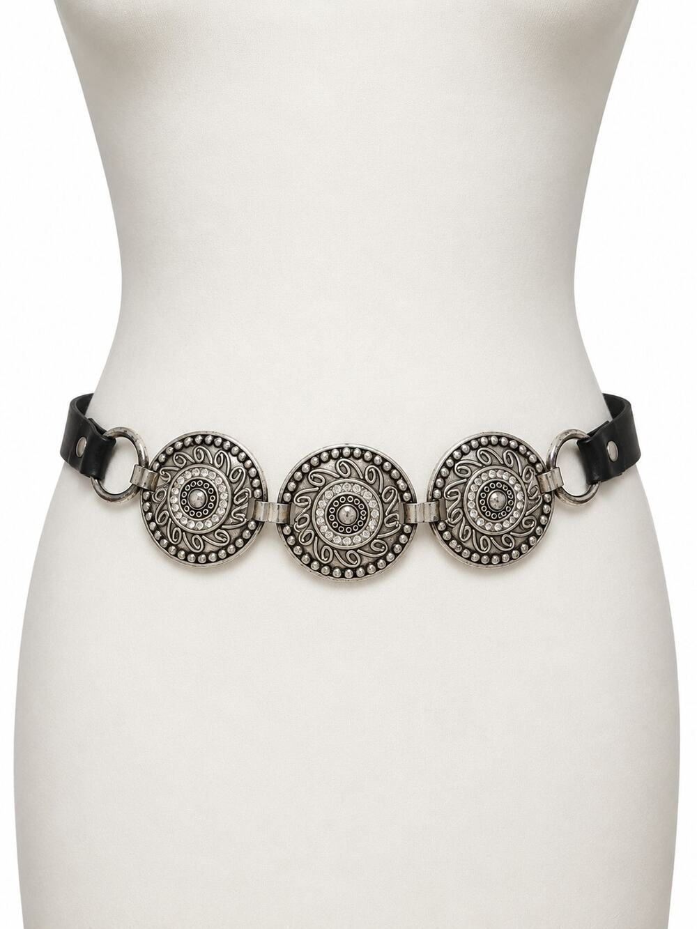 Chicos Silver Medallion Rhinestone Statement Belt Black Leather Boho Size S M - Picture 1 of 7